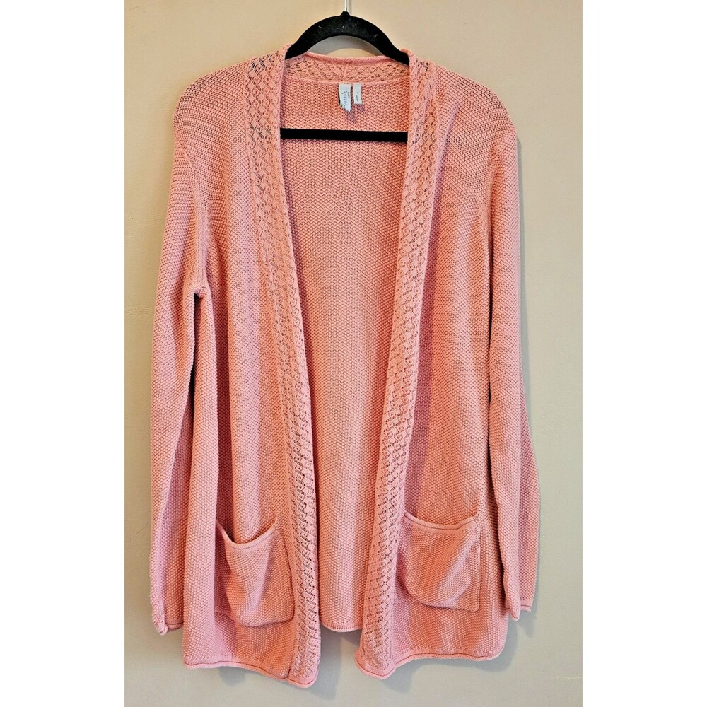 SAHALIE CARDIGAN, sz L, open front, linen blend, peach